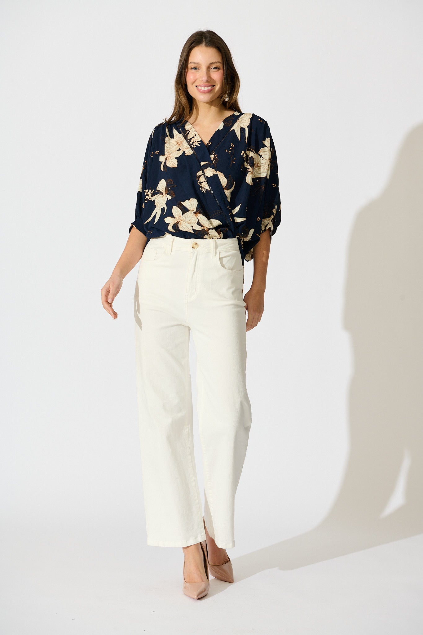 Marliboo Mock Wrap Top in Navy with Cream Floral