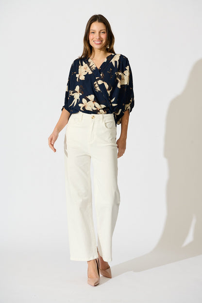 Marliboo Mock Wrap Top in Navy with Cream Floral