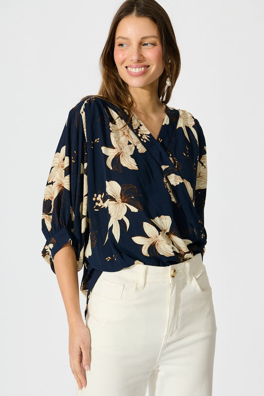 Marliboo Mock Wrap Top in Navy with Cream Floral