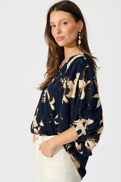 Marliboo Mock Wrap Top in Navy with Cream Floral