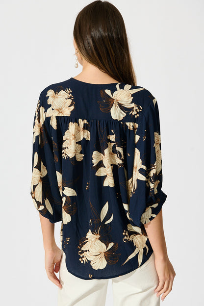 Marliboo Mock Wrap Top in Navy with Cream Floral
