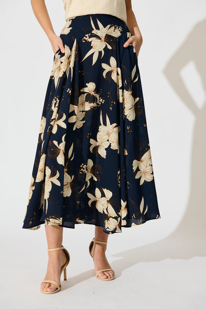 Brandsy Maxi Skirt in Navy with Cream Floral