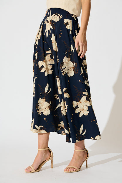Brandsy Maxi Skirt in Navy with Cream Floral