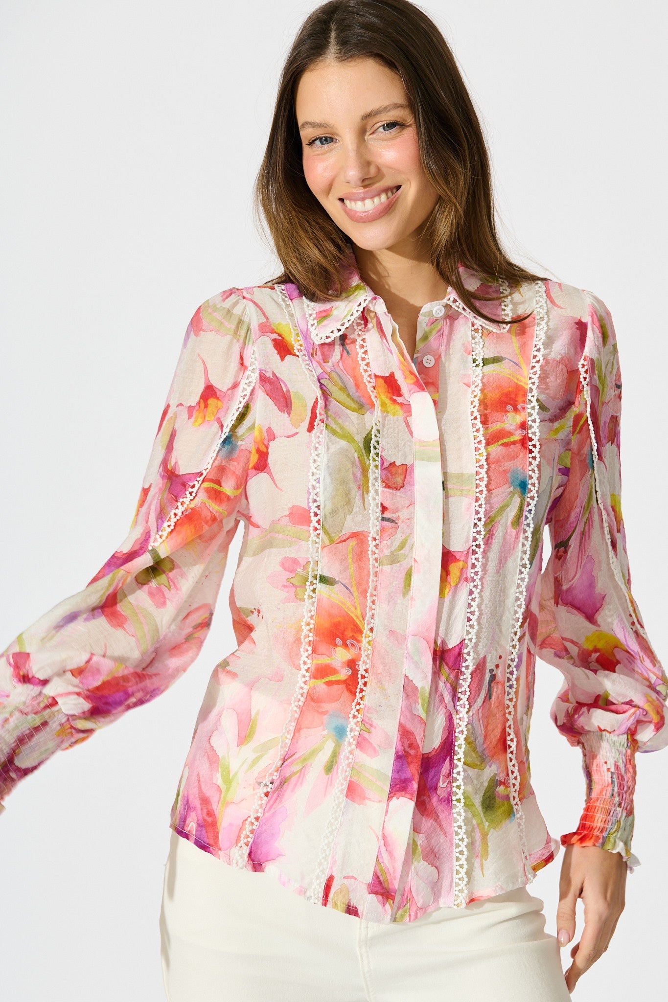 Wisteria Whisper Shirt in White with Multi Floral