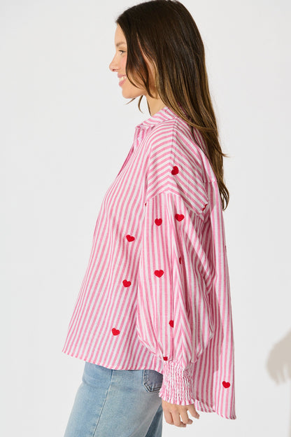 Hearts Desire Shirt in Pink Stripe and Heart Embroidered