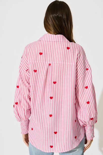 Hearts Desire Shirt in Pink Stripe and Heart Embroidered