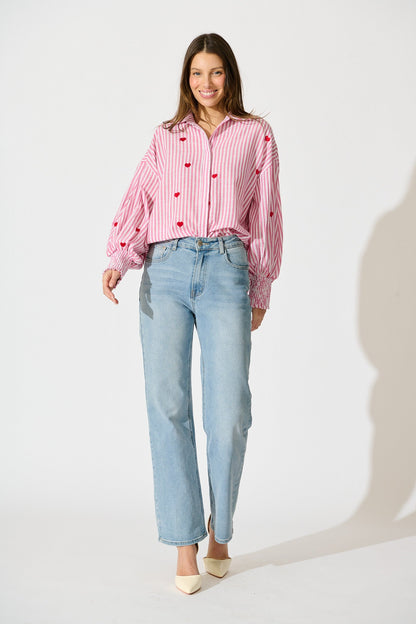 Hearts Desire Shirt in Pink Stripe and Heart Embroidered