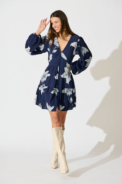 Flora Drift Dress in Navy with White Floral Print