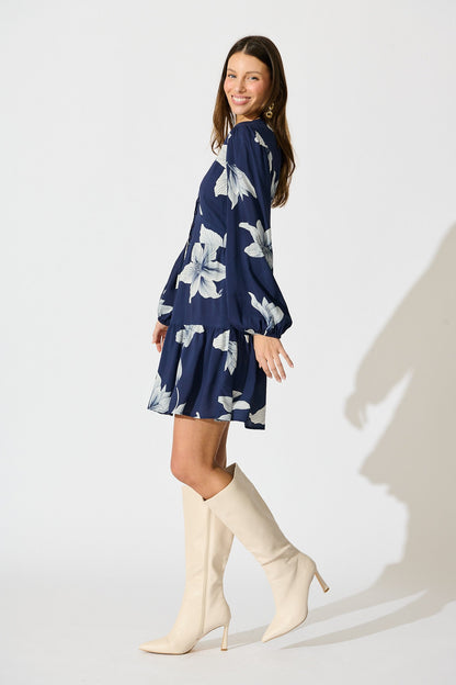 Flora Drift Dress in Navy with White Floral Print