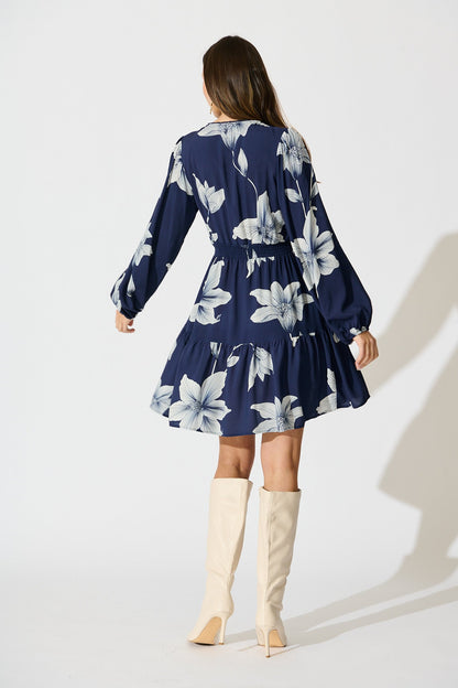 Flora Drift Dress in Navy with White Floral Print
