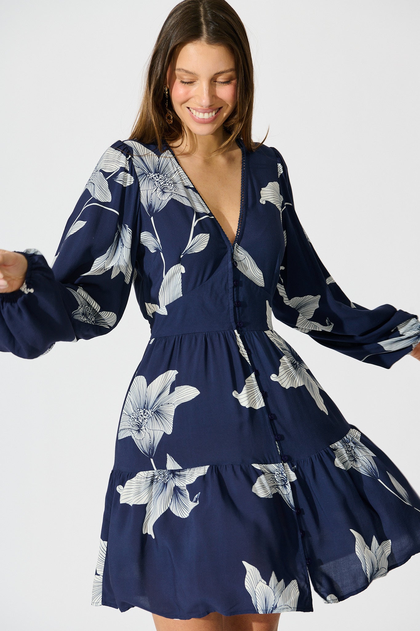 Flora Drift Dress in Navy with White Floral Print