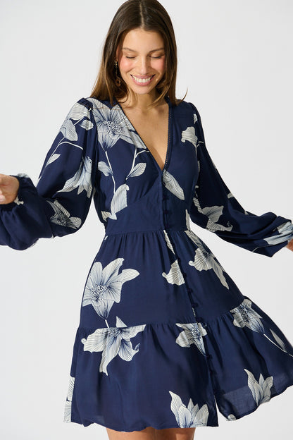 Flora Drift Dress in Navy with White Floral Print