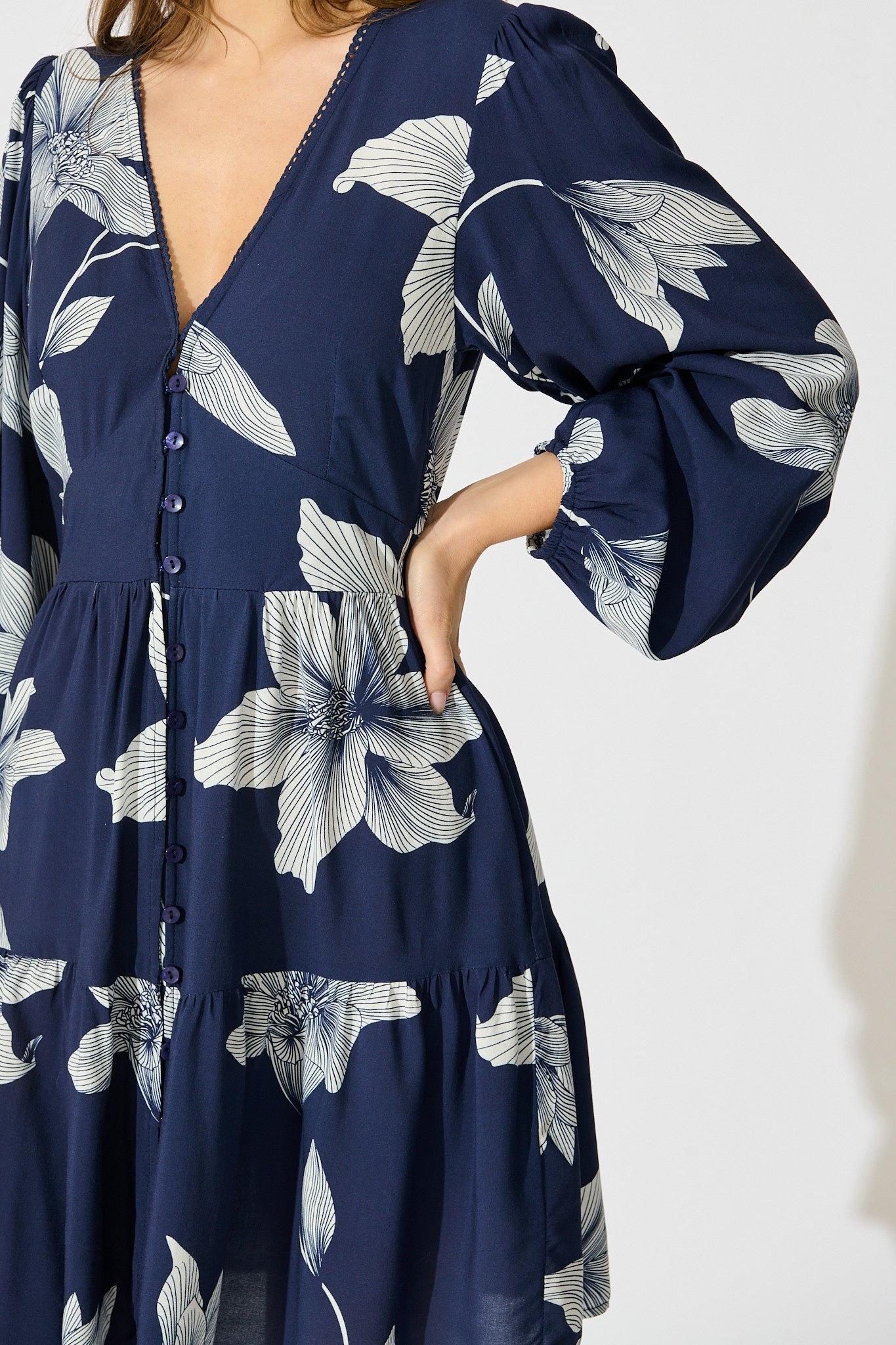 Flora Drift Dress in Navy with White Floral Print