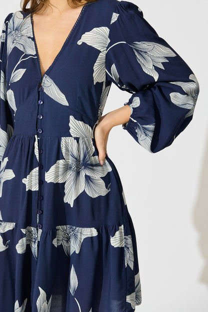 Flora Drift Dress in Navy with White Floral Print