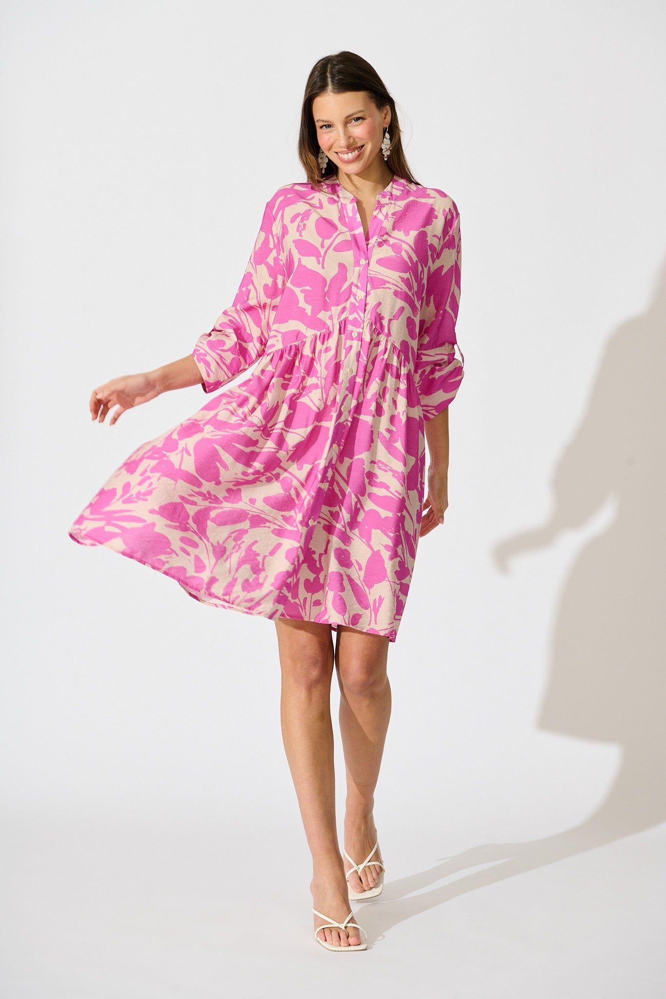 PRE ORDER Mina Smock Dress in Cream and Pink Print