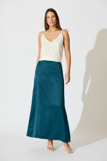 Shine Supreme Maxi Skirt in Teal Satin