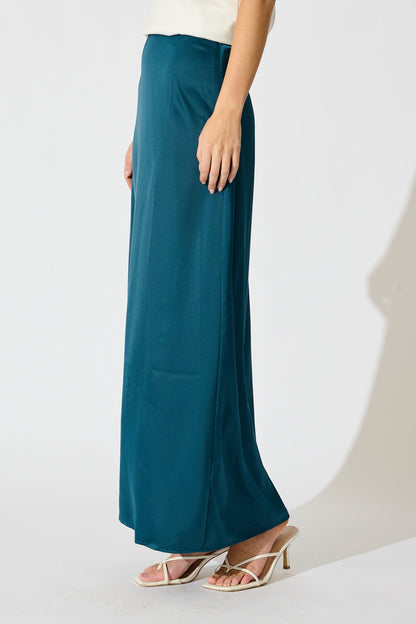 Shine Supreme Maxi Skirt in Teal Satin