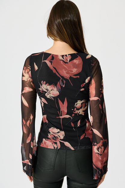Lily Of Love Mesh Top in Black Floral Print