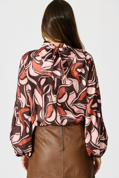 Pure Whisper Top in Multi Brown Print Satin