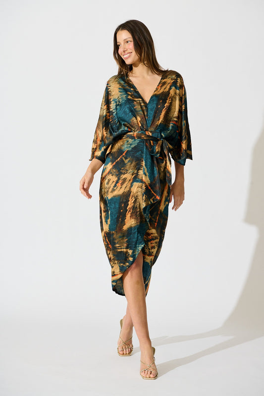 Joyful Midi Dress in Teal Multi Watercolour Satin