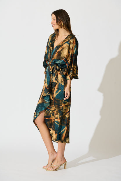 Joyful Midi Dress in Teal Multi Watercolour Satin