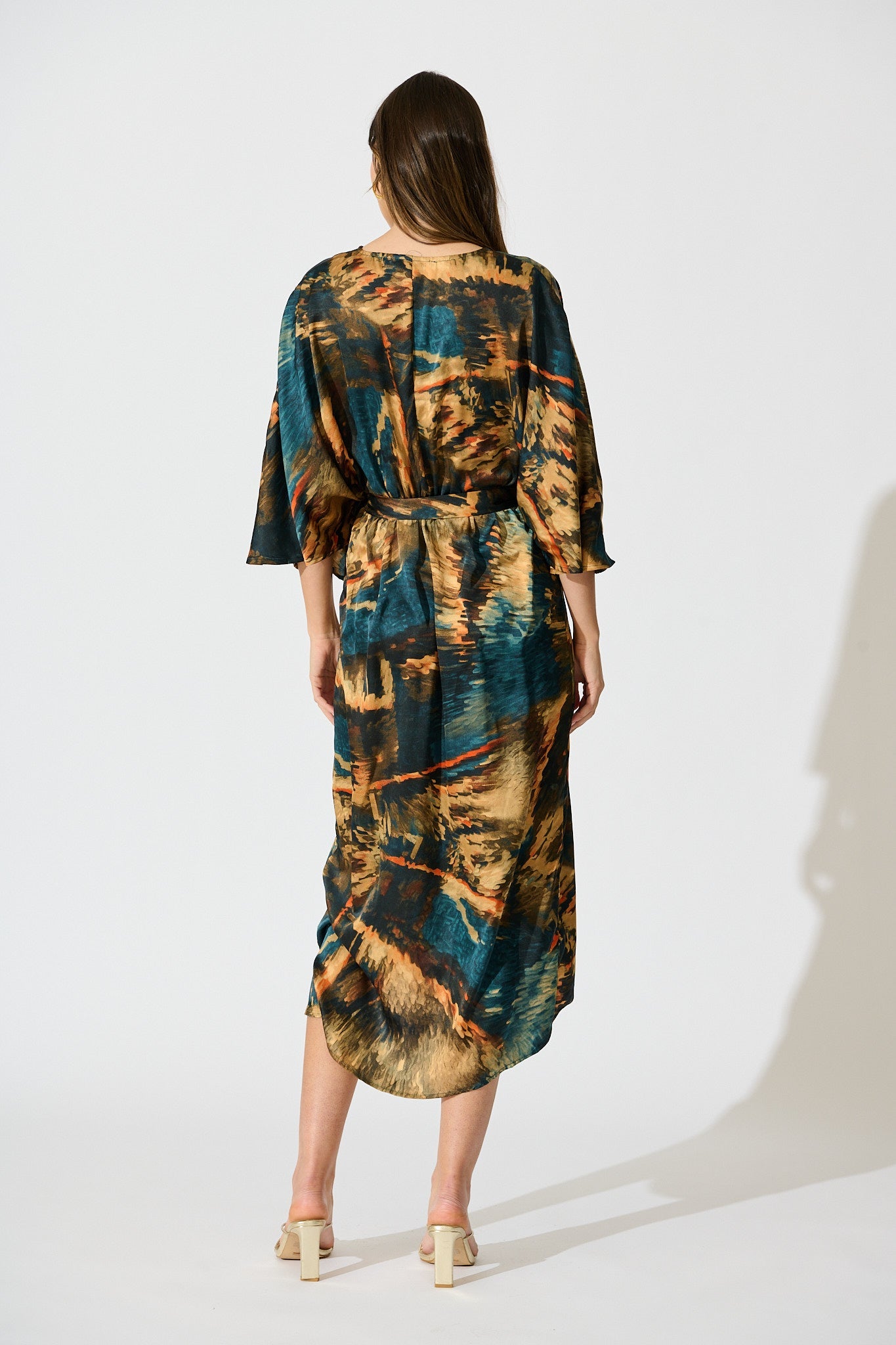 Joyful Midi Dress in Teal Multi Watercolour Satin