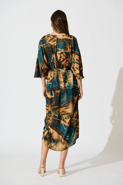 Joyful Midi Dress in Teal Multi Watercolour Satin