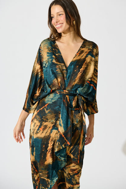 Joyful Midi Dress in Teal Multi Watercolour Satin