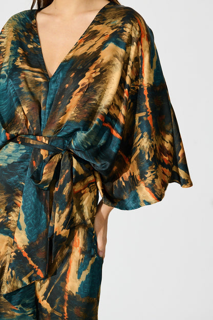 Joyful Midi Dress in Teal Multi Watercolour Satin