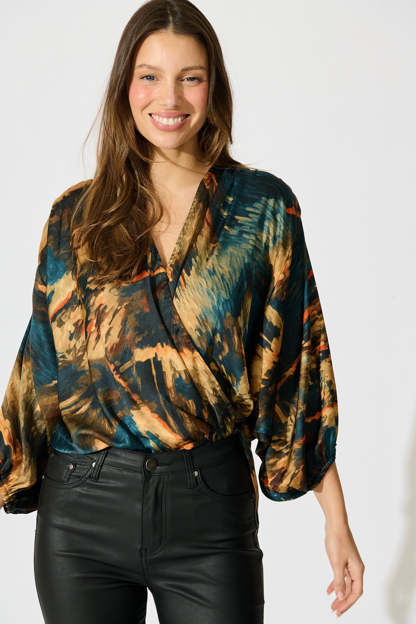 Solita Top in Teal Multi Watercolour Satin