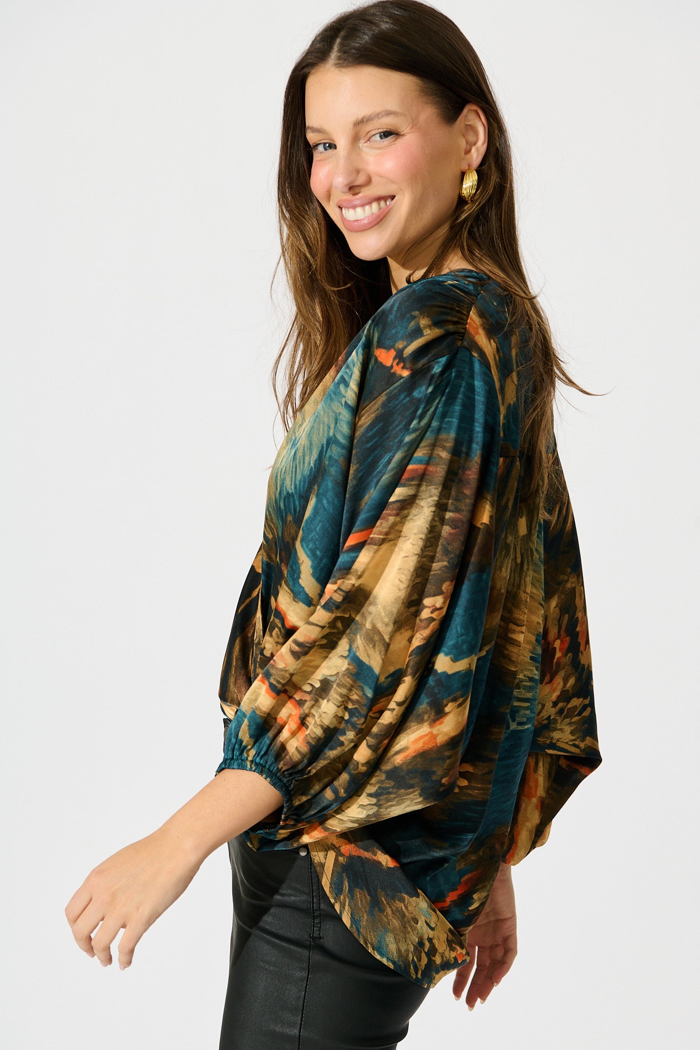 Solita Top in Teal Multi Watercolour Satin