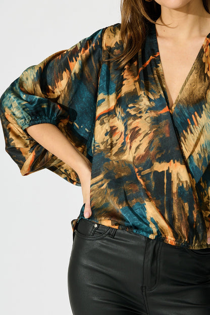 Solita Top in Teal Multi Watercolour Satin