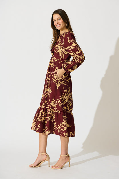 Flora Script Maxi Dress in Wine with Cream Print
