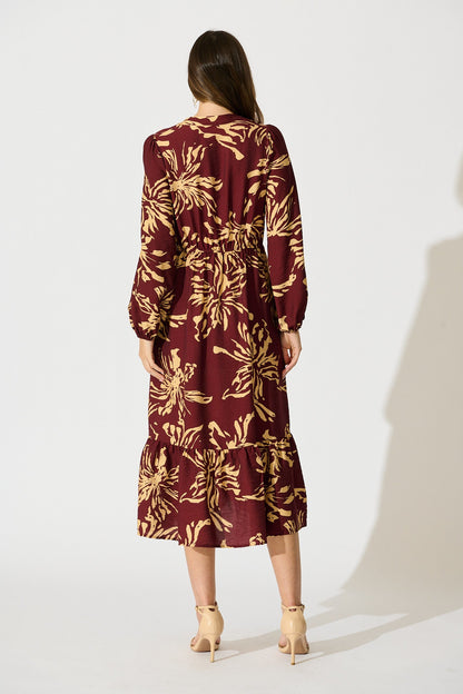 Flora Script Maxi Dress in Wine with Cream Print