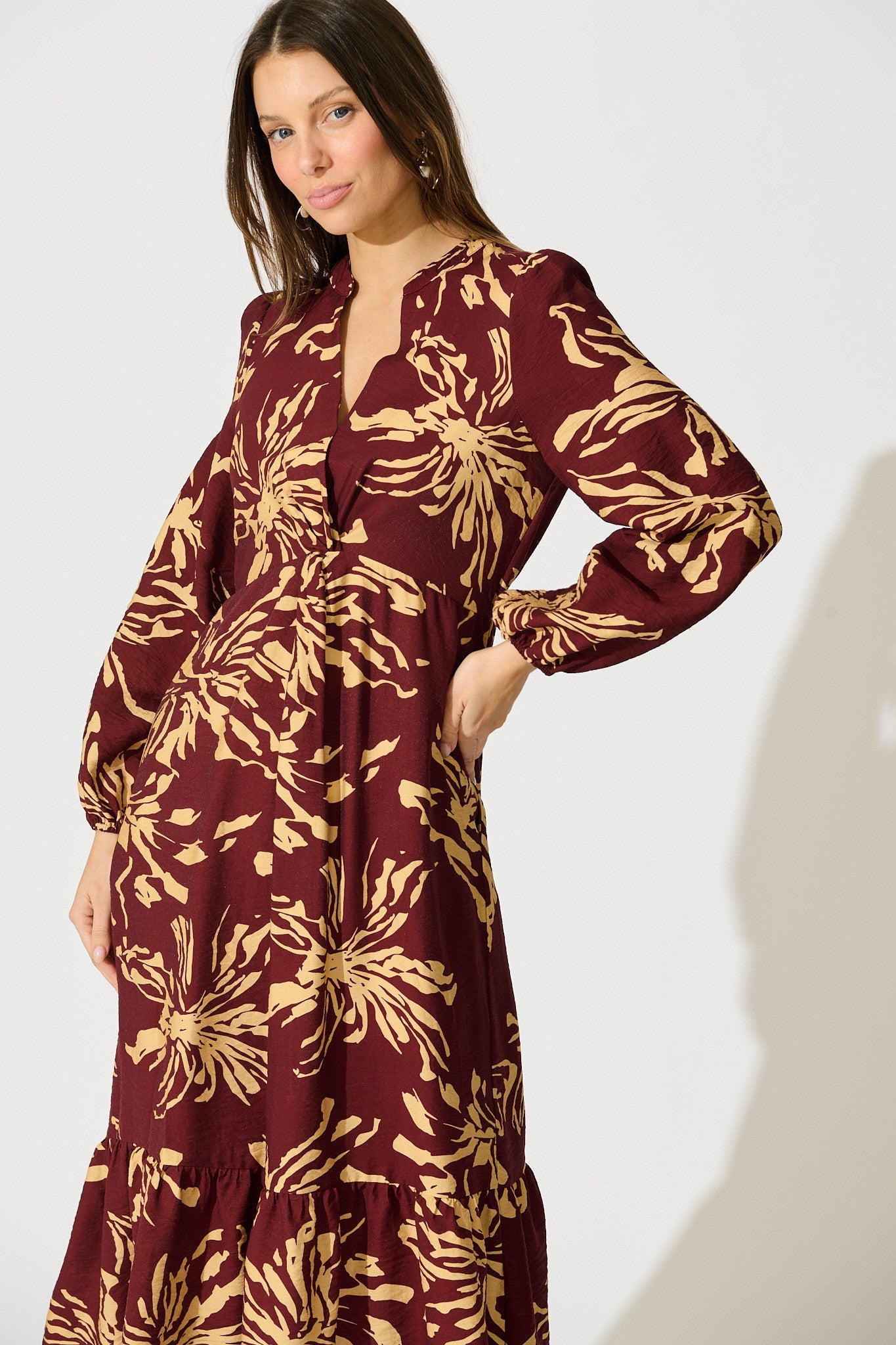 Flora Script Maxi Dress in Wine with Cream Print
