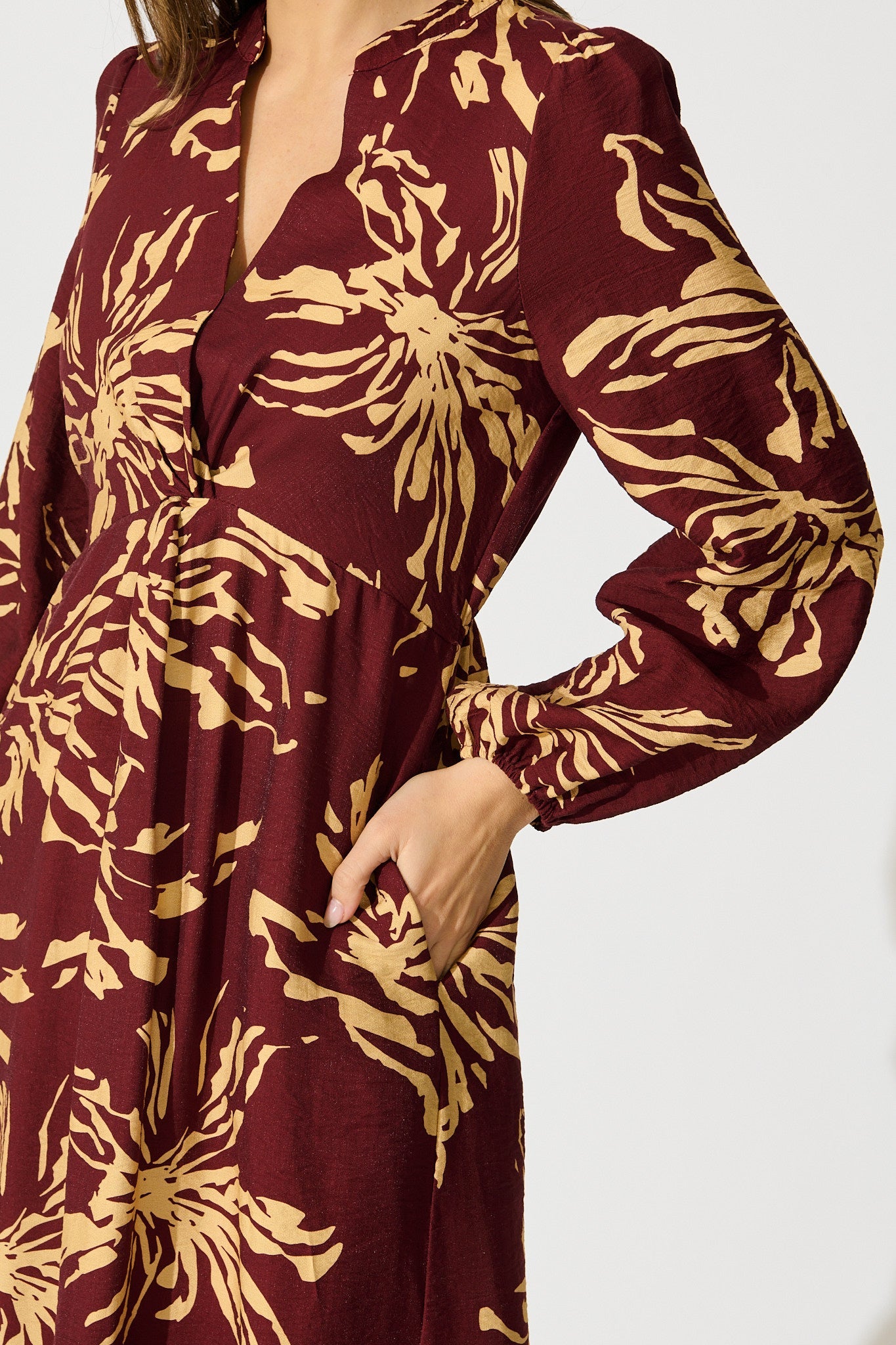 Flora Script Maxi Dress in Wine with Cream Print