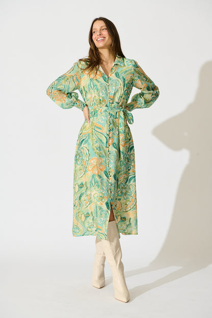Mystic Mirage Midi Shirt Dress in Multi Green Print