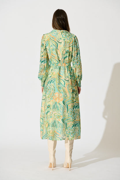 Mystic Mirage Midi Shirt Dress in Multi Green Print