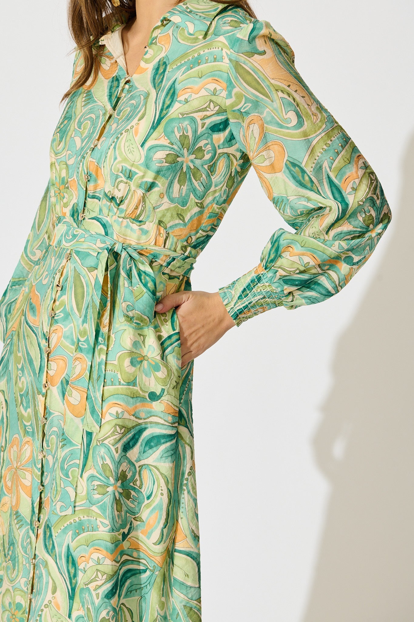 Mystic Mirage Midi Shirt Dress in Multi Green Print