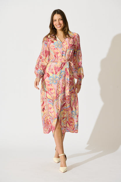Mystic Mirage Midi Shirt Dress in Multi Pink Print