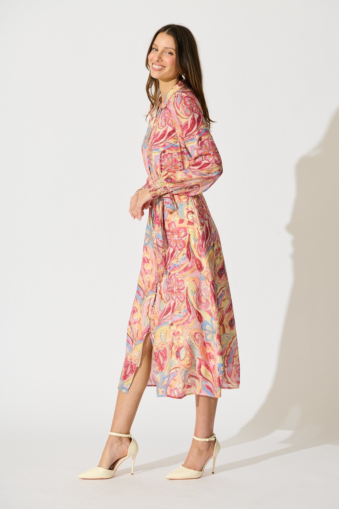 Mystic Mirage Midi Shirt Dress in Multi Pink Print