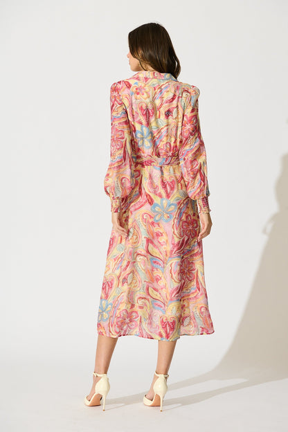 Mystic Mirage Midi Shirt Dress in Multi Pink Print