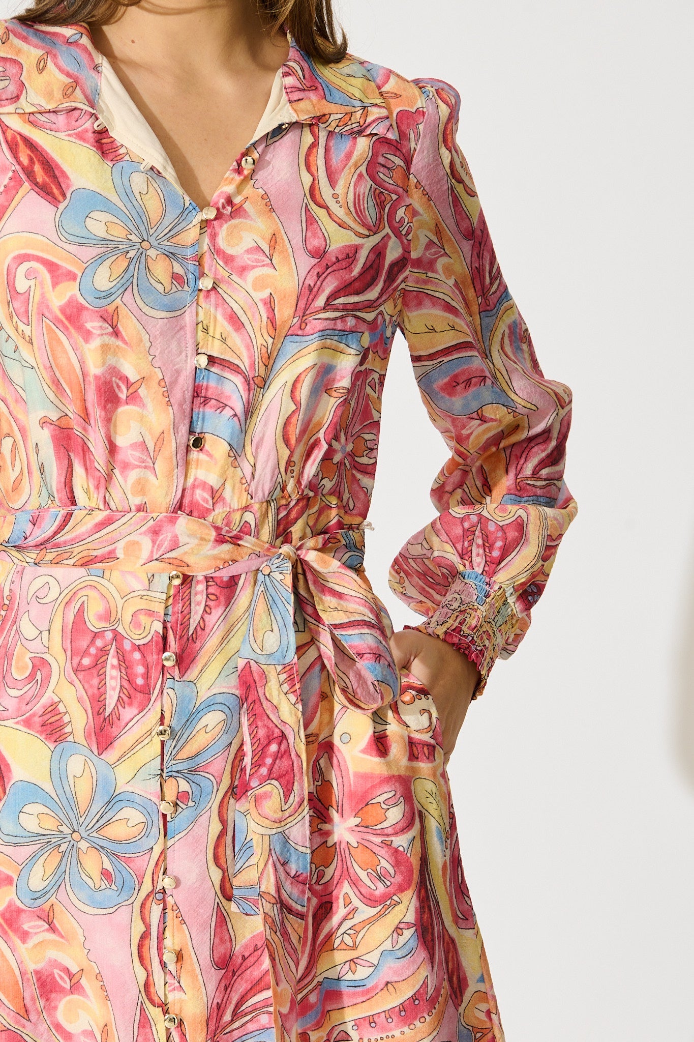 Mystic Mirage Midi Shirt Dress in Multi Pink Print