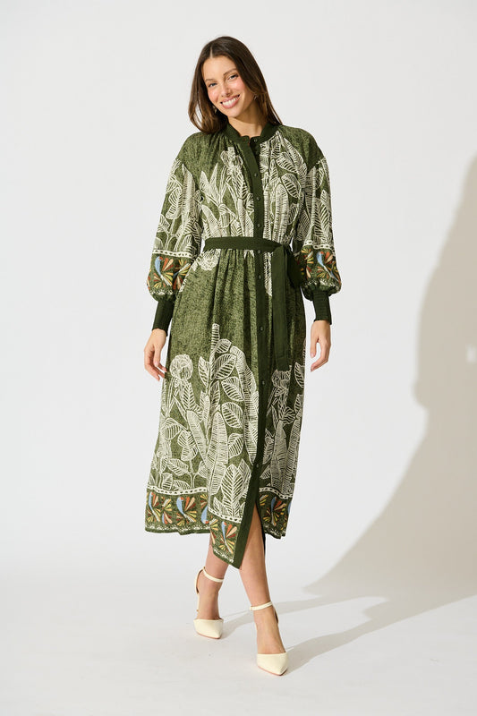 La Palma Maxi Shirt Dress in Green Leaf Border Print
