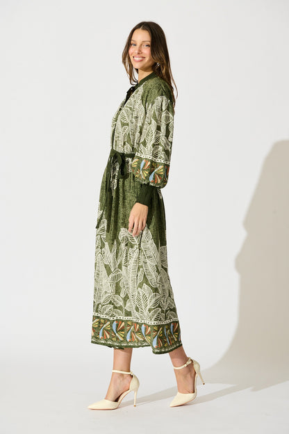 La Palma Maxi Shirt Dress in Green Leaf Border Print