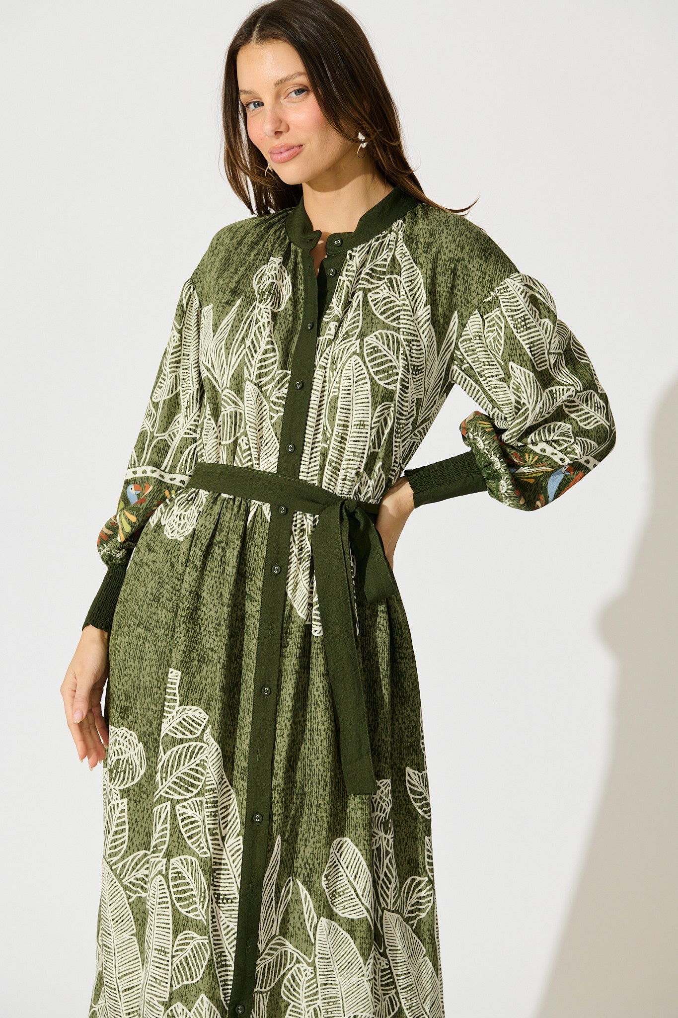 La Palma Maxi Shirt Dress in Green Leaf Border Print