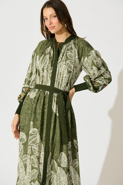 La Palma Maxi Shirt Dress in Green Leaf Border Print