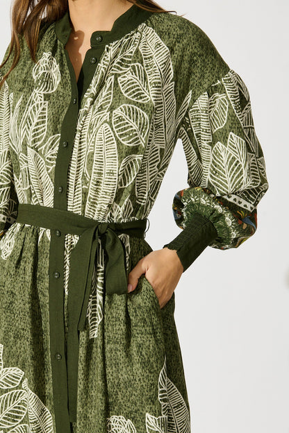 La Palma Maxi Shirt Dress in Green Leaf Border Print