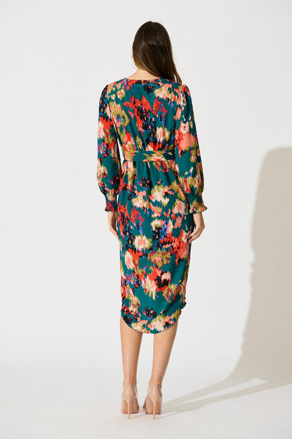 Rosemarie Midi Dress in Emerald with Abstract Print