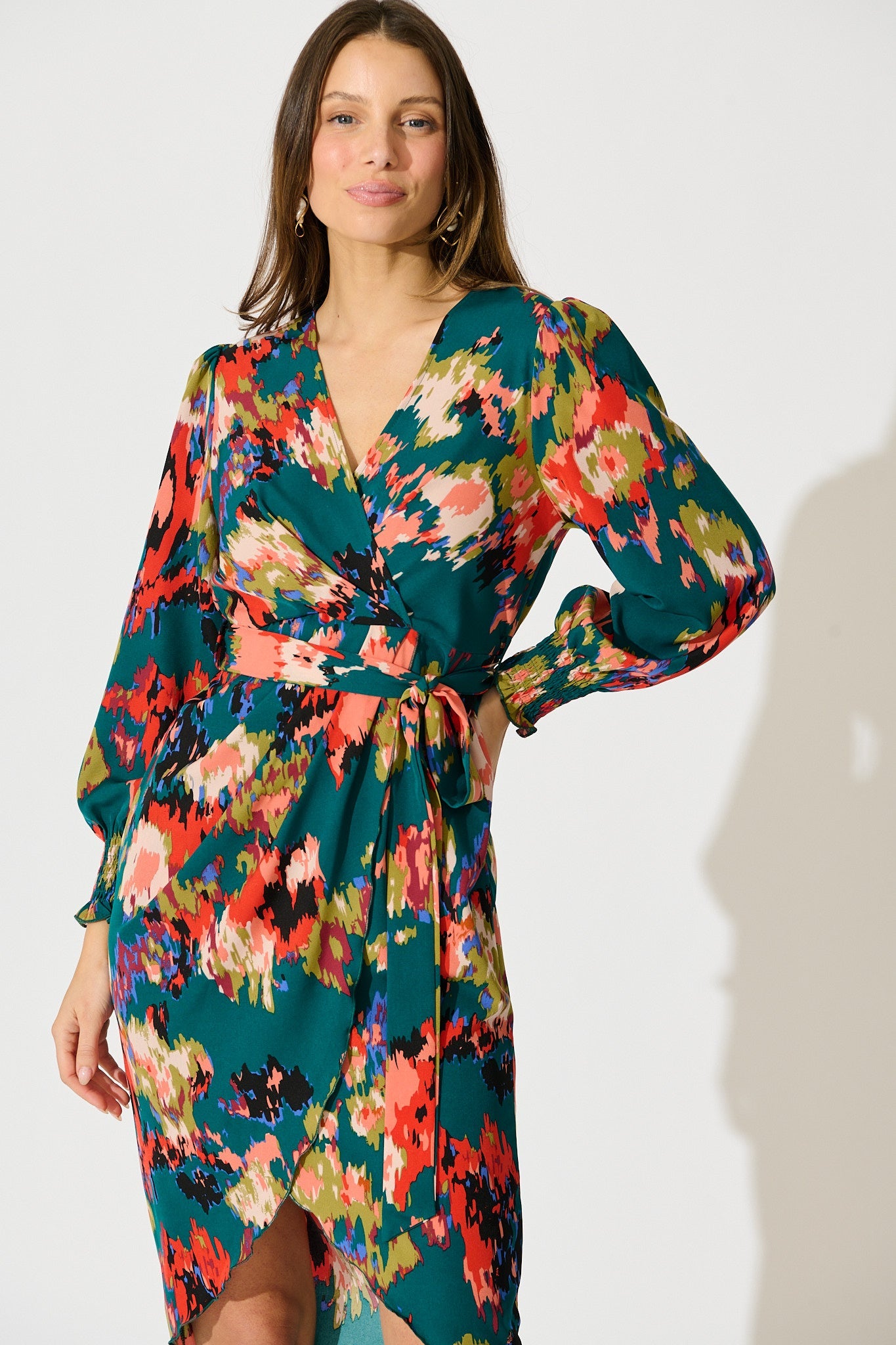 Rosemarie Midi Dress in Emerald with Abstract Print